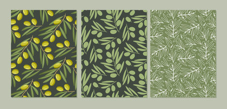 Seamless pattern with olive tree branches. Repeated Flat vector illustration with fruits for natural organic cosmetics, wrapping paper, textile, scrapbooking. Hand drawn Olive seamless pattern setのイラスト素材
