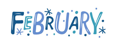 February. Hand drawn lettering word February. Text with snow. Month Feb. Winter banner, border, Card, t-shirt design, invitation. Winter decorative element with snowflakes. winter background.のイラスト素材