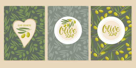 Packaging Olive Cosmetics Design. Seamless patterns with olive tree branches and labels. Repeated Flat vector illustration for natural organic cosmetics. Hand drawn Olive seamless pattern setのイラスト素材