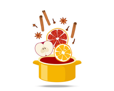Fruits and spices falling into Saucepan for cooking mulled wine. Mulled wine recipe ingredients. Organic food printing poster. Recipes, winter homemade drink, learning concept, cooking class, menu.のイラスト素材