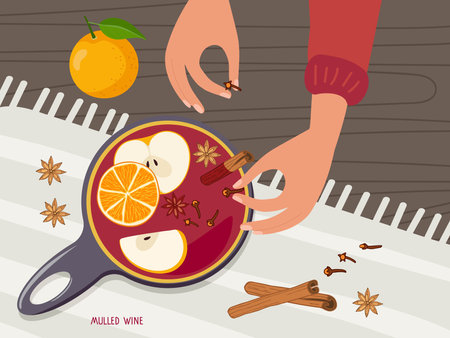 Holidays Flat vector isolated illustration. Preparations of winter hot wine drink on table. Person Hands with warm sweater cooking traditional mulled wine. Saucepan with hot mulled wine on table.のイラスト素材