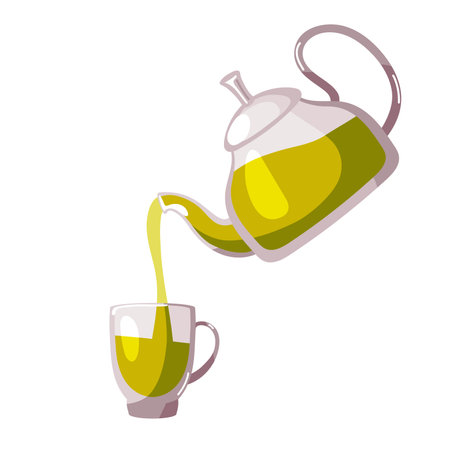 green tea. Glass Teapot pouring tea into glass mug. Flat vector illustration isolated on white background for shop, tea lover, party, kitchen concept, menu. tea ceremony. Healthy natural drinkのイラスト素材