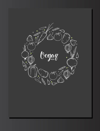 Vegan menu template. Calligraphy lettering in Vegetables sketch frame. Organic food printing poster with round decorative frame. Vector sketch for bistro menu, farmers market, organic food storeのイラスト素材