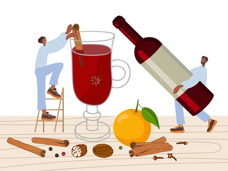 Tiny woman and man cooking mulled wine. Winter hot wine drink isolated. Mulled wine recipe ingredients. Wine glass, Orange fruit, cinnamon, anise, bottle, clove on wooden table. Winter cozy hot drinkのイラスト素材