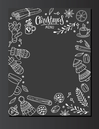 Christmas menu template with traditional winter food sketch for cover, brochure design with copy space. Special Christmas restaurant bistro menu design. Flat vector illustration on blackのイラスト素材