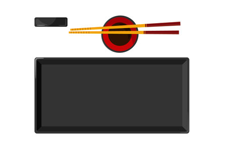 Traditional japanese utensils for sushi. Colorful wooden sushi sticks, plate with soy sauce, square plate. Asian food utensils isolated on white background. Flet vector top view illustrationのイラスト素材