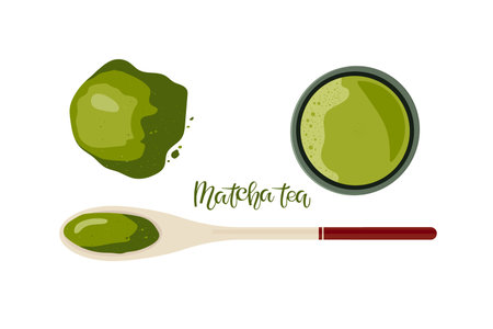 Spoon for green tea matcha. Japanese Matcha Tool for making traditional Japanese drink Powdered Matcha Green Tea. Flat vector Top view illustration for, template, poster, label for cafe, tea shopsのイラスト素材