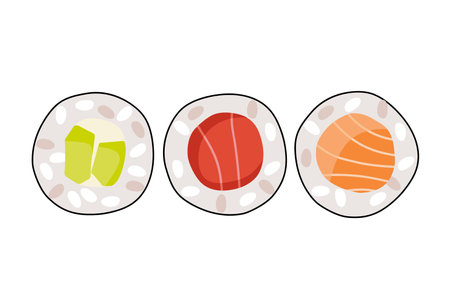 Sushi roll set. Maki rolls with salmon, tuna, avocado with rice and nori. Fresh food isolated on white background. traditional japanese food. Vector flat illustration For menu, recipe, restaurantのイラスト素材
