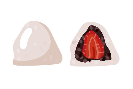 Strawberry Mochi. Strawberry daifuku with red bean paste rice cake. Traditional Japanese dessert. Flat Vector illustration with Healthy sweet snack. Daifuku is Japanese dessertsのイラスト素材