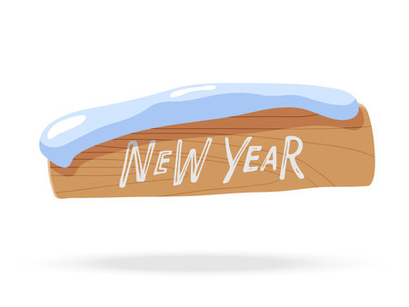 New Year sign. Wooden plank signboard with snow cap. Signpost pointing new year. signboard hanging. Rustic sign. Winter Design Element. Flat vector illustration isolated on white backgroundのイラスト素材