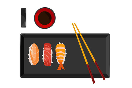 Japanese food. Asian square plate and sushi with rice ball and shrimp, salmon, tuna, Soy sauce bowl. table layout. Traditional japanese utensils for sushi. Colorful flat vector top view illustrationのイラスト素材
