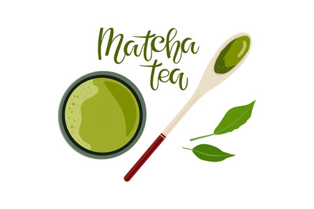 Green tea matcha. Japanese Matcha tea bowl, wooden spoon, fresh green leaves. Flat vector Top view illustration for template, menu, shop. Healthy drink ingredient for japanese, chinese tea ceremony.のイラスト素材