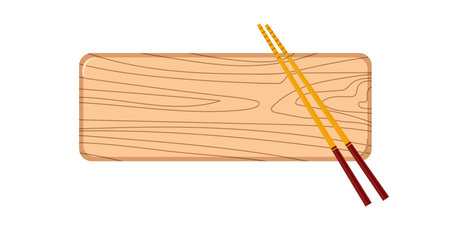 Traditional japanese utensils for sushi. Colorful wooden sushi sticks, Wooden sushi geta tray for asian cuisine. Asian food utensils isolated on white background. Flet vector top view illustration.のイラスト素材