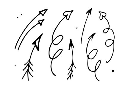 arrow set. Hand-drawn vector curved arrows. Arrow collection. Arrows are curved and straight lines. Doodle Sketch vector illustration isolated on white backgroundのイラスト素材