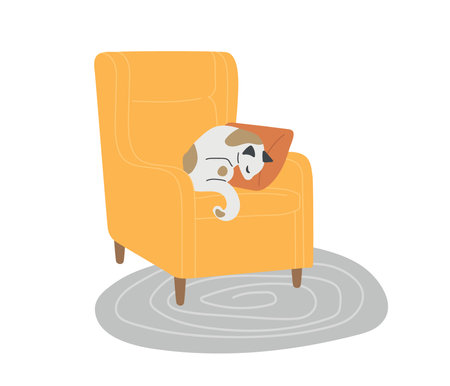 Cat sleeping on chair with pillow. Pet kitty is resting. Comfort chair. Hand draw animal, cartoon character. Hand drawn vector illustration isolated on white background. Fashionable Furniture for Homeのイラスト素材