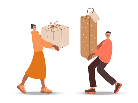 Man and woman holding gift box. Smiling young people with surprises Wrapped with craft paper. Present for Birthday, anniversary, Holidays Flat vector illustration isolated For delivery, store, appのイラスト素材