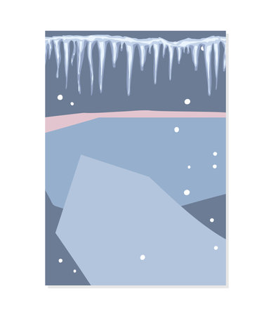 Winter greeting card with ice floes, icicles and empty space for inscriptions, congratulations, invitations to winter holidays. Flat vector illustration. Winter landscape. Abstract backgroundのイラスト素材