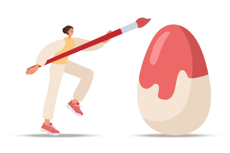 Tiny Young woman painting easter egg using large brush. Spring religious vacation. Big Easter egg isolated vector illustration on white background. Holiday creative workshop. Happy easter.のイラスト素材