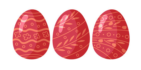 Easter Eggs. Red Colored Easter egg sketch vector illustration, design elements for cards, mugs, home decor, shirt design, invitations for Easter holiday. Easter collection with different textureのイラスト素材