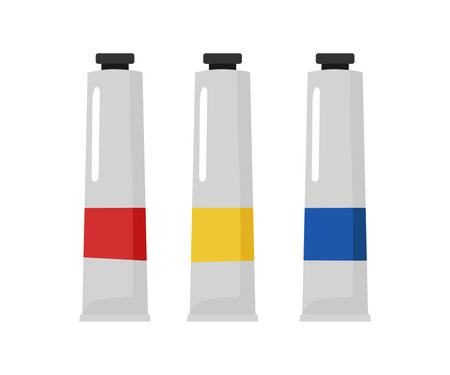 Paint tube set. Set of vector metal paint tubes isolated on white background. Paints in tubes artists palette. Blank tube mock up. Red, yellow, blue paint. Flat vector illustration.のイラスト素材