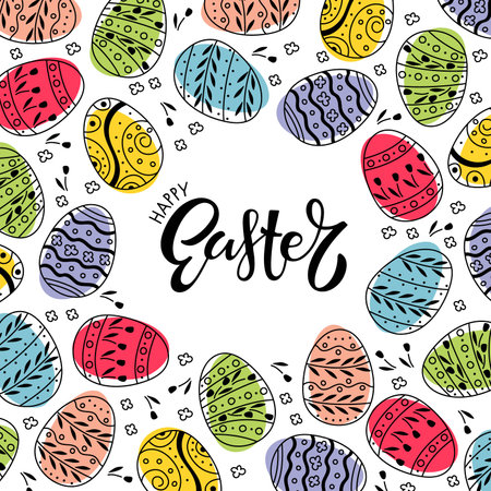 Easter Card. Round frame with bright different colored eggs. Happy Easter handwritten calligraphy lettering. Easter eggs. Print for poster, family holiday decor, greeting card, banner, invitation.のイラスト素材