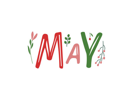 Hand drawn lettering word May. Text with plant sprig. MAY month with flowers. Festive spring banner, border, Card, t-shirt design, invitation. Spring decorative element with leaves. Spring backgroundのイラスト素材
