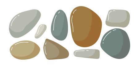 Beach pebbles set. Various shapes different colors. Vector Modern illustration isolated on white background. Beach, Spa, garden stones. Sea rocks. Minimalist shapes. Nature organic graphic elements.のイラスト素材