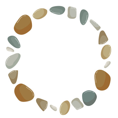 Beach pebbles frame. Round frame with Various shapes different colors with copy space. Vector Modern illustration isolated on white background. Beach, Spa, garden stones. Sea rocks. Nature organic.のイラスト素材