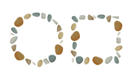 Beach pebbles frame set. Square and round frame with Various shapes different colors with copy space. Vector illustration isolated on white background. Beach, Spa, garden stones. Sea rocks.のイラスト素材