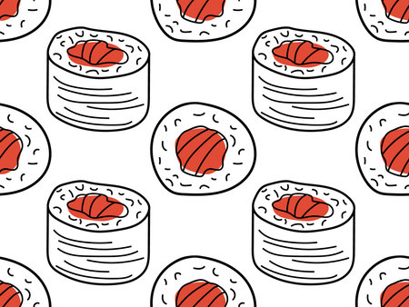 Seamless sushi pattern. Fresh sushi on white background. Asian Sushi rolls with red fish salmon. Repeated doodle vector illustration for wallpaper, textile, wrapping, scrapbooking. Asian cuisine.のイラスト素材