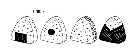 Onigiri set. Rice triangle with nori seaweed. Fresh food isolated on white background. Traditional Japanese food. Gourmet snack from Japan cuisine. Vector doodle sketch For menu, recipe, restaurant.のイラスト素材