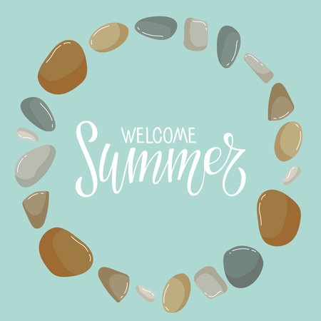 Welcome Summer text in Beach pebbles frame. Round frame with Various shapes different colors and handwritten lettering. Vector illustration isolated. Beach, garden stones. Sea rocks. Nature organic.のイラスト素材