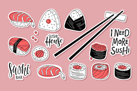 Sushi sticker pack. Handwritten inscription and different sushi types sketch doodle vector. Sign for Card, Label, Poster, bar logo, menu design, label element. Japanese food symbol. Vector stickers.のイラスト素材