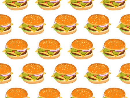 Seamless Burger pattern. Cartoon hamburger repeated pattern. Fast food print. Flat design for menu cafe, restaurant. For textile, wrapping paper, wallpaper, cover design, scrapbooking. Unhealthy diet.のイラスト素材