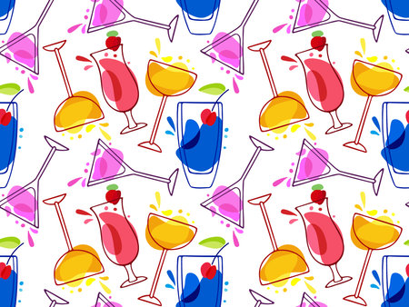 Seamless cocktails Pattern. Tasty alcoholic cocktails. Various colored drinks. Bright Mixed drinks. Repeated linear sketch vector illustration for wallpaper, textile, wrapping, scrapbooking.のイラスト素材