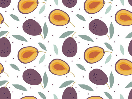 Plum Seamless pattern. Plum Fruit with leaf, hand drawn doodle. Flat vector Food template. Repeated background for textile, wallpaper, packaging. Plum juicy fruits, leaves. Summer fruit background.のイラスト素材
