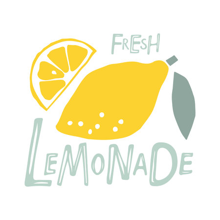 Fresh Lemonade with lemon fruit. Lemon Color Abstract Lemon fruit with lettering, hand drawn sketch isolated on white background. Freehand vector illustration. Vector Illustration for lemonade.のイラスト素材