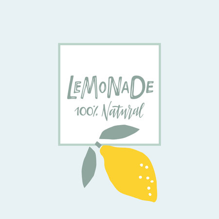 Lemonade label. Color Lemon fruit with lettering, hand drawn sketch isolated on light turquoise background. Freehand vector illustration. Vector Illustration for lemonade.のイラスト素材