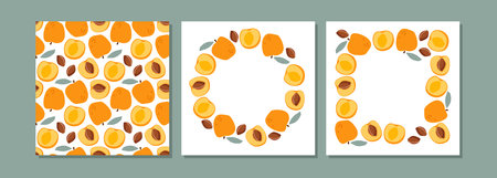 Apricot background collection. Seamless pattern, round and square frames with copy space on white background. Backgrounds for textile, wrapping paper, wallpaper, cover design, card, banner.のイラスト素材