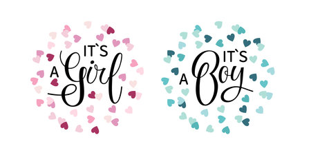 Its a Boy text with heart decor, Its a Girl isolated on white background. Handwritten calligraphy lettering. Typography template for gender reveal party or baby shower. Round frame for baby holidayのイラスト素材