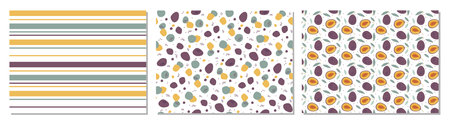 Plum abstract background set. Three pattern collection. Seamless pattern with yellow, purple abstract spots, stripes hand drawn Print for textile, wrapping, wallpaper, cover. modern color designのイラスト素材