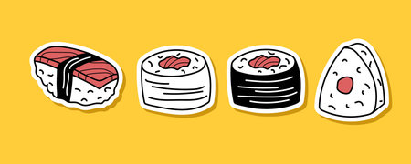 Traditional Japanese food. Fresh sushi set isolated. Asian Sushi onigiri and rolls. Vector linear sketch illustration with colored spots for menu, recipe, cafe, restaurant. Sushi Collectionのイラスト素材