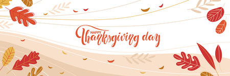 Happy Thanksgiving day banner with leaf sketch and calligraphy lettering. Hand drawn autumn vector backdrop for Thanksgiving Day.. Vector illustration. Fall harvest festival. autumnal leavesのイラスト素材