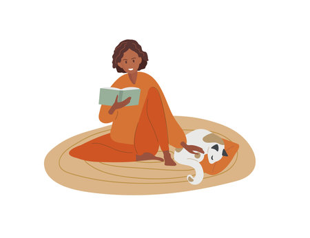 Smiling woman sitting on floor and reading book and cat sleeping nearby. Cozy autumn evening. Leisure activity, repose and relaxation. Flat cartoon vector illustration. Read more booksのイラスト素材