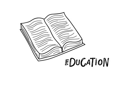 Book linear sketch black and white isolated on white background and education inscription. Outline doodle open book. education sign. Vector illustration for back to school, educational suppliesのイラスト素材