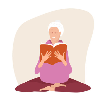 Senior woman reading book in lotus position. Woman with casual clothes holding book in her hands. lady enjoy reading. Grandmother spending time at home with book. Leisure, relax, education conceptのイラスト素材