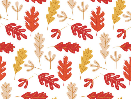 Seamless autumnal leaves pattern. Autumn oak leaves in orange, beige, brown and yellow. Vector illustration in doodle style. Vector flat repeated background for wallpaper, wrapping, packing, textileのイラスト素材