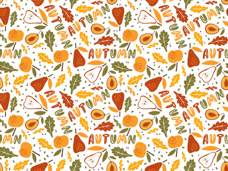 Seamless pattern with autumn leaves and autumn text. autumn leaf color paper. Vector illustration in doodle style. Repeated background for wallpaper, wrapping, packing, textile. plant ecoprint design.のイラスト素材