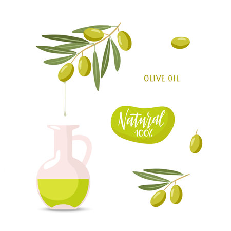 olive oils. Glass bottle, olive branches, labels. Green branches with fruits. Vegetable for Mediterranean or vegan diet, organic cosmetics, packaging. Flat design isolated on white background.のイラスト素材