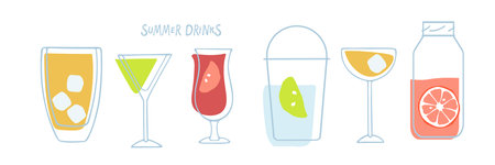 Summer refreshing drink set. Different types of drinks ib doodle style. Cocktails with ice cubes and...